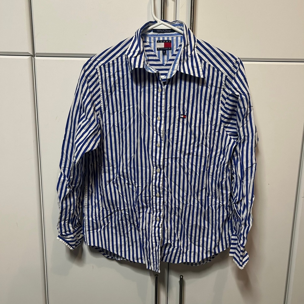 Tommy Hilfiger Womens Blue White Striped Button Down Shirt Size 8 Long Slv